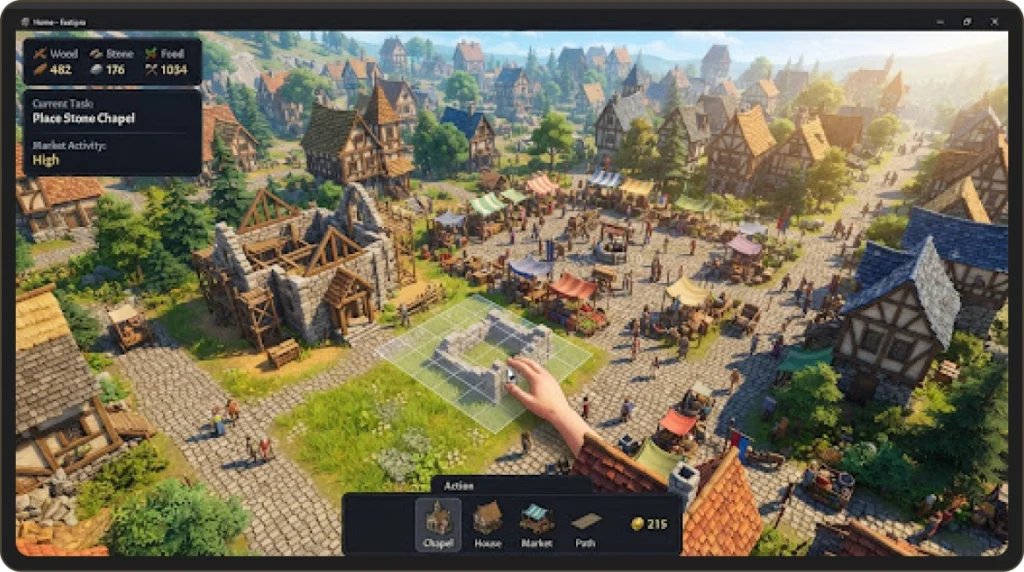 Top-down gameplay view of a medieval city-building game showing a player placing a stone chapel near a busy market square.