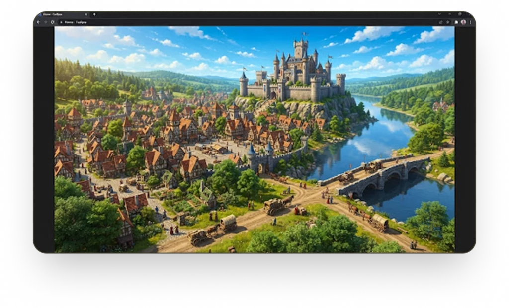 High-angle landscape view of a thriving medieval city with timber-framed houses, a large stone castle on a cliff, and horse carriages crossing a bridge.